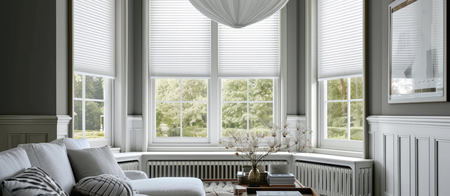 Extra large pleated blinds in white, featuring a 50mm fold, showcased in the window opening. Contemporary top down bottom up privacy shades for apartment windows.